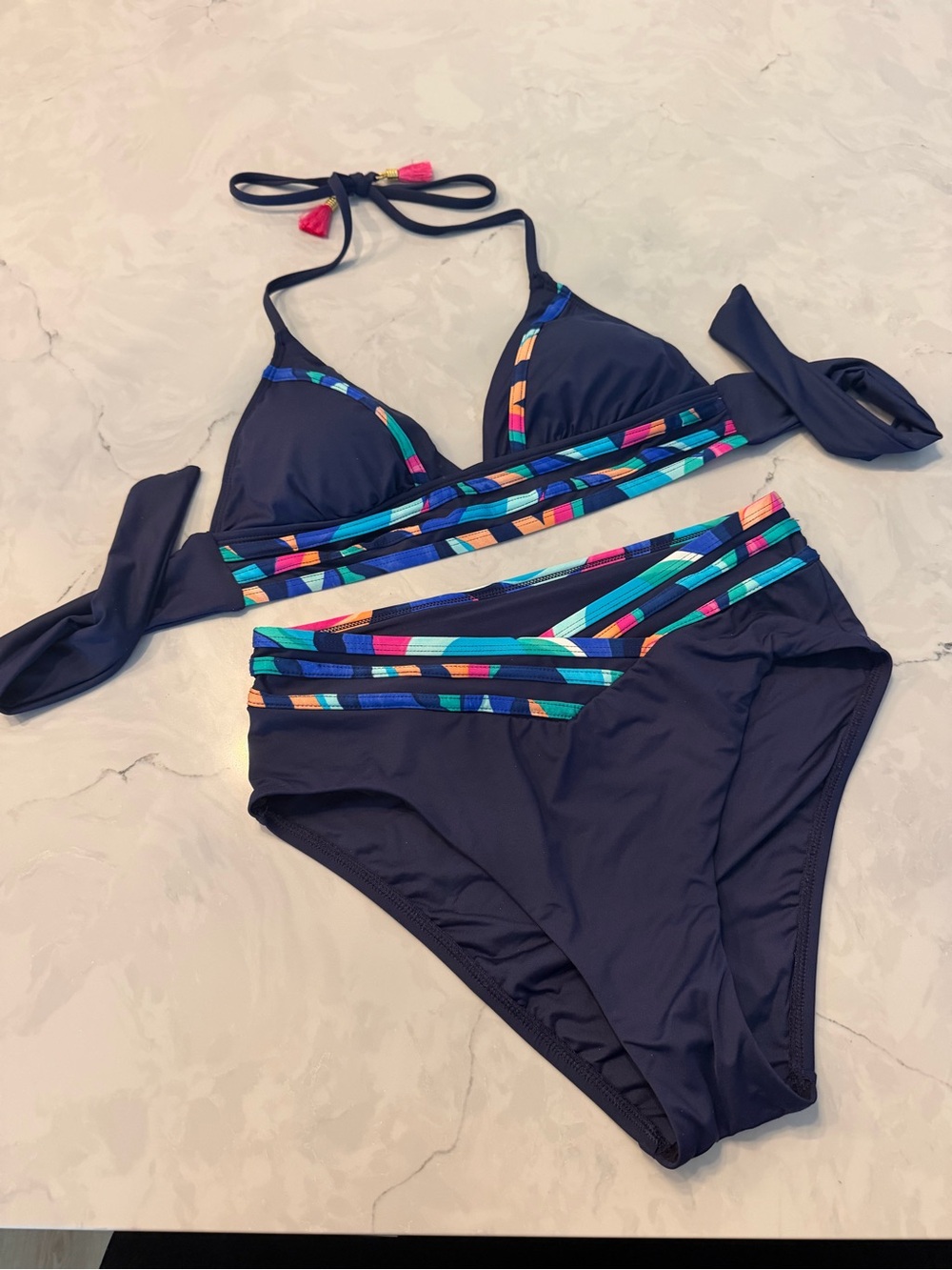 La Blanca Navy Bikini Set with Multicolor Stripe Trim